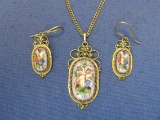 Vintage Set – Hand Painted Enamel or Porcelain – Earrings & Pendant – 26” Chain