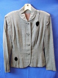 Vintage Woman's Jacket – Grey w Black Velvet Accents – Fitted Waist – No Label