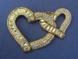 Large Goldtone Pin with Swarovski Crystals – Interlocking Hearts – 2 3/4” wide