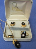 Vintage Gold Filled Set – Necklace – Screw-on Earrings – Ring size 9 – Onyx?