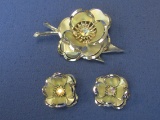 Vintage Costume Set – Pin & Clip-on Earrings – Silvertone w Rhinestones – Pin is 3” long