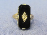 14 Kt White Gold Ring w Onyx – Diamond Accent – Size 3.5 – Vintage – Weight is 2.2 grams