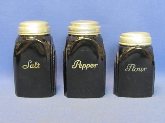 McKee Black Amethyst Glass Shakers – Roman Arch – Salt – Pepper – Flour – 4 1/8” tall