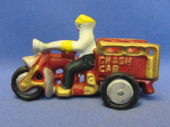 Painted Cast Iron Model of Motorcycle w Cart “Crash Car” - 4” long – Does not move