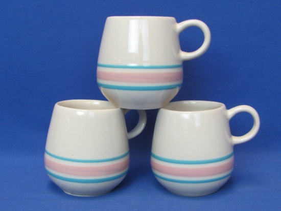 3 Stoneware Mugs/Cups by McCoy Pottery – Cream w Blue & Pink Bands – 3 5/8” tall