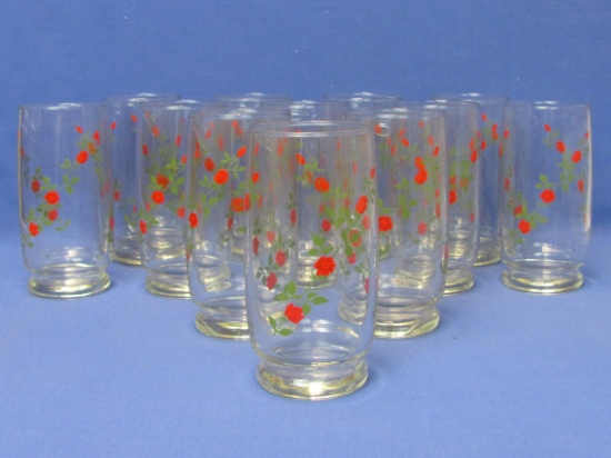 Set of 12 Glass Tumblers by Anchor Hocking – Red Roses (Newer) Pattern – 5 3/4” tall