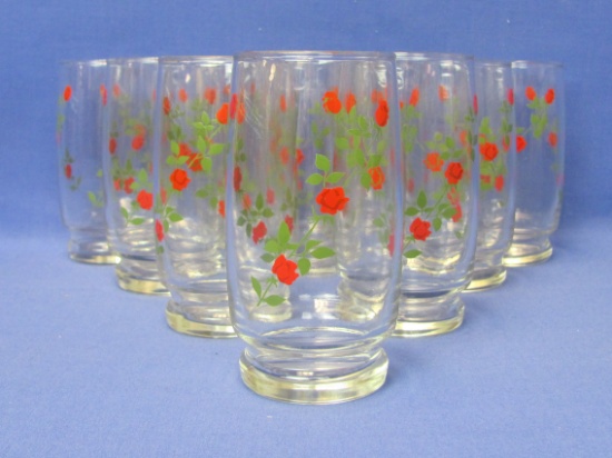 Set of 10 Glass Tumblers by Anchor Hocking – Red Roses (Newer) Pattern – 5 1/8” tall