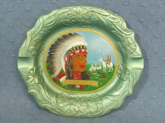 Metal Ashtray from Columbus, Ohio featuring Image of Native Americans – 5 ½” diameter – Almar Metal