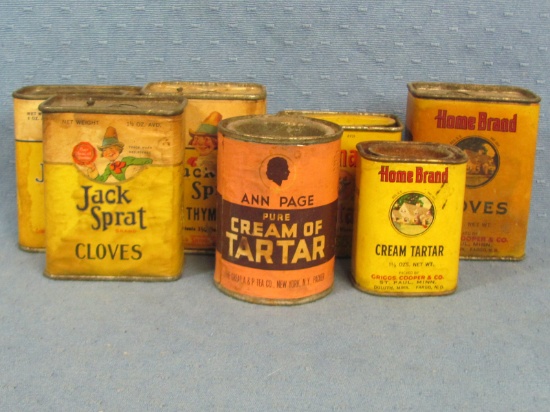 Vintage Spice Tins – Cream of Tartar, Cloves, Cream Tartar, Mustard, Thyme, Jack Sprat Cloves