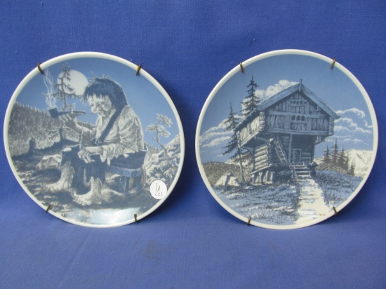 2 Porsgrund Norway Collector Plates: Pipe Smoking Troll & Stabbur House – Each 7” DIA & on Plate Han