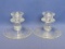 Pair of Single Light Candlesticks – Fostoria Romance – Etched Bow & Floral – 3” tall