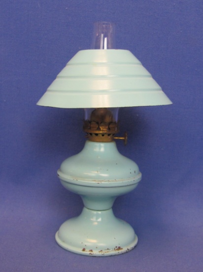 Miniature Oil Lamp – Metal Body & Shade – Wick Wheel Marked “P&A Mfg Co. Acorn”
