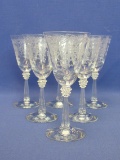 Set of 6 – Fostoria Romance Wine Glasses – 5 1/2” tall – Etched Bow & Floral Design