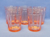 Set of 5 – Pink Glass Tumblers – Ribbed Vertical Sides – 4” tall – Unknown Maker