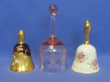 3 Bells – Pink Etched Glass – Porcelain by Norleans Japan – Gold Painted Glass (missing clapper)