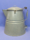 Large Grey Enamel Camping Coffee Pot – Wood Handle – 12” tall – Very good condition