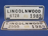 2 Lincolnwood Motorcycle License Plates – 1989 – White with Black – 8” long