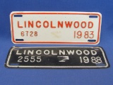 2 Lincolnwood Motorcycle License Plates – 1983 & 1988 – Black w White – White w Orange – 8” long