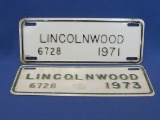 2 Lincolnwood Motorcycle License Plates – 1971 & 1973 – White w Black – White w Green – 8” long