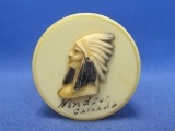 Small Celluloid Box – Indian Chief on Lid – Souvenir of Windsor Canada – 1 7/8” in diameter