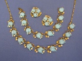 Fun Vintage Set – Blue Plastic & Rhinestones – Necklace – Bracelet & Clip-on Earrings
