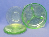 Cameo by Anchor Hocking – Green Depression Glass – 4 Salad Plates – 3-Part Relish Dish