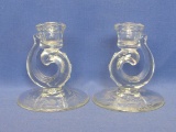 Pair of Clear Glass Candlesticks – Interesting Wave or Fish design – Fostoria? Etched Flowers