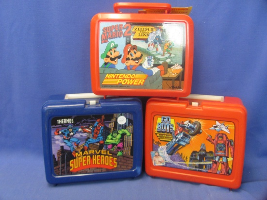 Three Plastic Lunch Boxes – Marvel Super Heroes (1990) – Super Mario 2 (1989) – Go Bots (1984) – The
