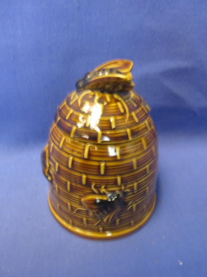 Vintage Brown Glazed Ceramic Beehive Honey Pot w/ Bee Finial 4 1/2” T w/ 3 3/4” DIA Base – Japan