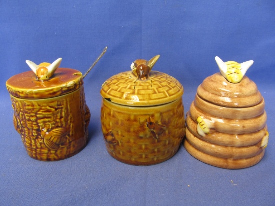 3 Vintage Bee Hive Honey Pots: Basket w/ Bee Finial & Stump w/ Bee Knob Portugal Light Brown No mark