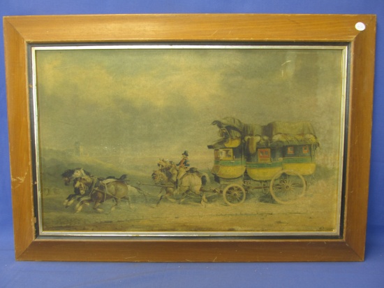 Vintage Framed Color Litho Print of 5 Horses drawing a big 3-section wagon – looks like 3 stage coac