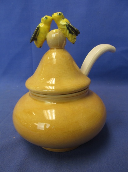 Vintage Double Honey Bee Finial Ceramic Honey Pot w/ Original Spoon – appx 5 3/4” T on a 2 1/2” DIA