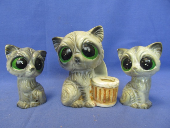 Vintage Novelty “Big Eyes” Ceramic Kitty Cats Set : Napkin/Toothpick Holder & Salt & Pepper Shakers