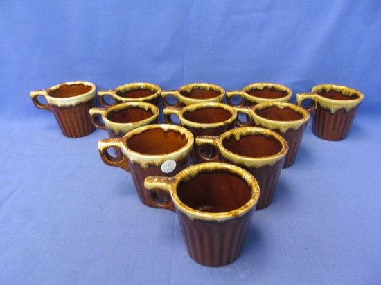 11 Brown Drip Glazed Monmouth Pottery Fluted Coffee Mugs (Round Hole Handles) w/ Maple Leaf Mark