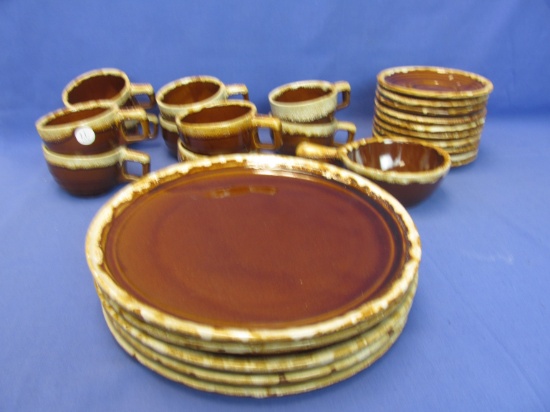 Brown Drip Monmouth Pottery: 10 Cups Round w/ Square handles, 10 Saucers,  5 Dinner Plates & 1 Ramek