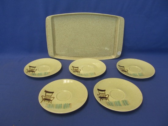 Red Wing Pottery Hearthside Pattern 5 Saucers  &  Blank Speckled Tray with handles  9” T x 14 1/2” L