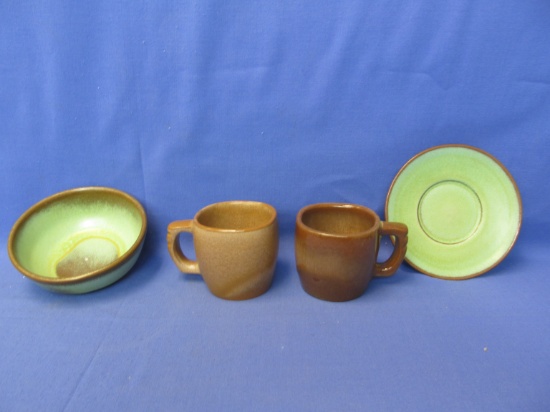 4 pieces of Frankoma Pottery: 2 5 C Cups,1 6X  Bowl & 1 6E Saucer