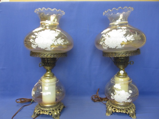 Pair of Glass Parlor Lamps (Electric) – Table Top Lamps in the style of Glass Shaded Chimney Lamps