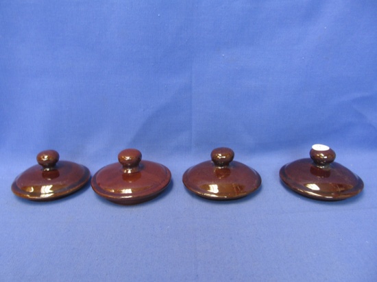 4 Unaccompanied  Brown Drip Glazed Red-Pottery Lids appx 4” DIA each