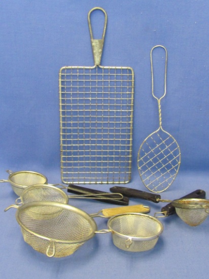 Mixed Lot of Vintage Sieves & Strainers – 1 w Wood Handle – Longest is 13”