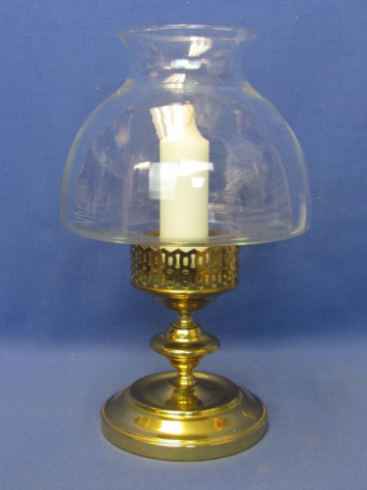 Hurricane Candle Holder – Metal w Brass Look – White Candle – Glass Chimney – 11” tall