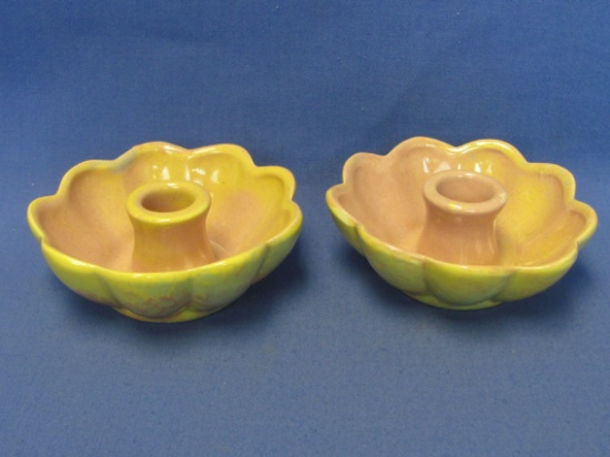 Pair of Gonder Pottery Candlesticks – Interesting Pink/Yellow Glaze – Made in Zanesville, Ohio
