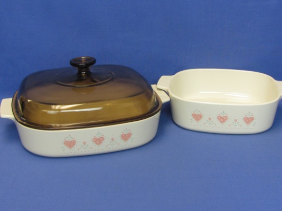 2 Corning Ware Casseroles “Forever Yours” Pink Hearts – 1 has lid – 8 1/2” & 10 1/4” square