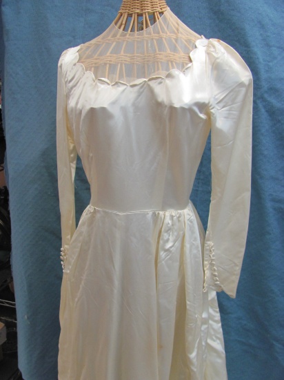 Ivory Satin Wedding Gown – Vintage – Fabric Covered Buttons up back & cuffs – Waist is 24”