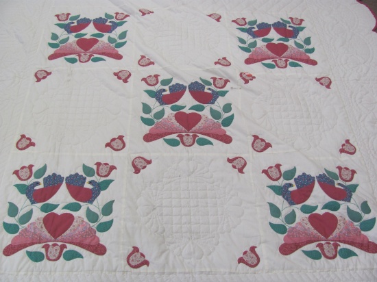 Amish Made Quilt/Bed Spread – Birds with Flowers – White, Blues & Pinks – Measures about 106” x 89”