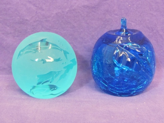 2 Blue Glass Paperweights – Frosted one w Fish & Dolphins – Crackle Glass Shaped like an Apple