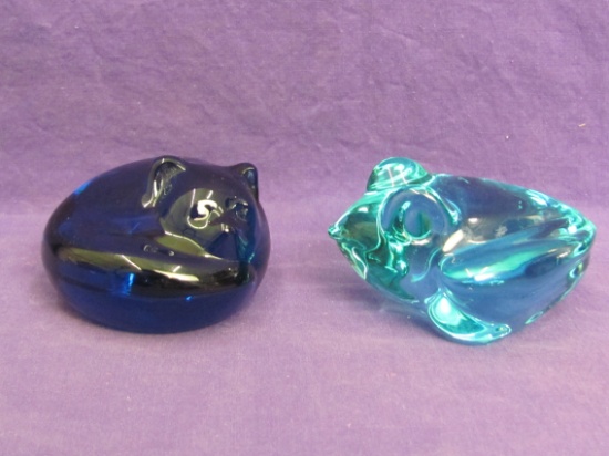 2 Blue Glass Figurines or Paperweights – Frog & Sleeping Cat? Frog is 3 1/2” long