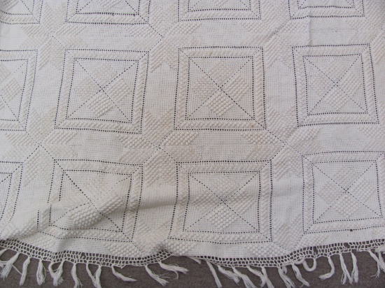 Vintage Crocheted Bed Spread – Square Pattern – Off White – Measures about 102” x 82”