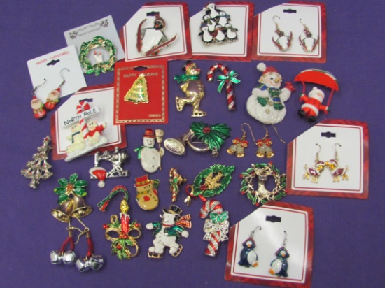 Mixed Lot of Christmas/Holiday/Winter Jewelry – Many on Cards – Pins – Earrings