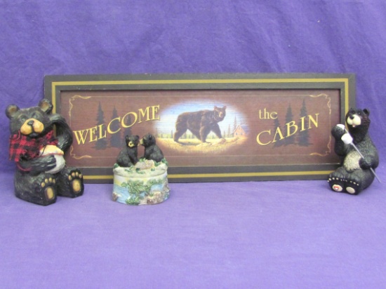 “Welcome to the Cabin” Wall Plaque – Resin Bear Figurines – Cute Decor – Plaque is 15 3/4”